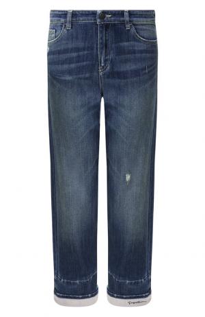 Укороченные джинсы с потертостями и отворотами Giorgio Armani. Цвет: голубой