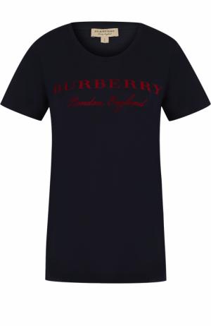 Хлопковая футболка с логотипом бренда Burberry. Цвет: темно-синий