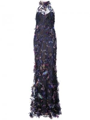 Вечернее платье с вырезом-халтер и декором из лепестков Marchesa Notte. Цвет: синий