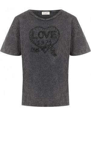 Хлопковая футболка с потертостями и круглым вырезом Saint Laurent. Цвет: черный