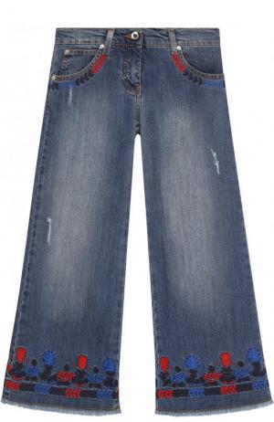 Расклешенные джинсы с вышивкой и декоративными потертостями Ermanno Scervino. Цвет: синий