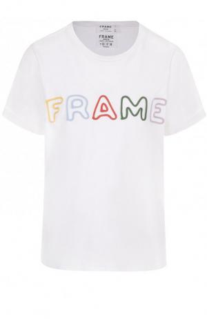 Хлопковая футболка свободного кроя с контрастной вышивкой Frame Denim. Цвет: белый