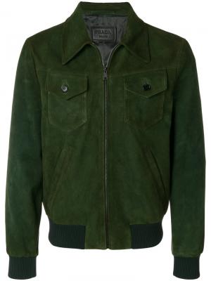 Кожаная куртка-бомбер Prada. Цвет: зелёный