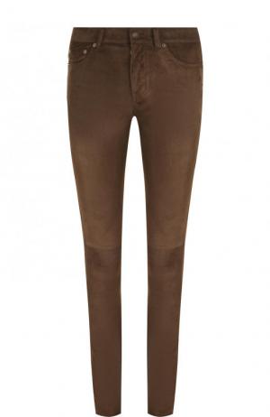 Однотонные замшевые брюки-скинни Saint Laurent. Цвет: коричневый