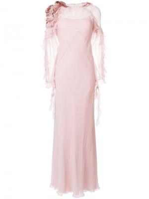 Вечернее платье с оборками и длинными рукавами Alberta Ferretti. Цвет: розовый и фиолетовый