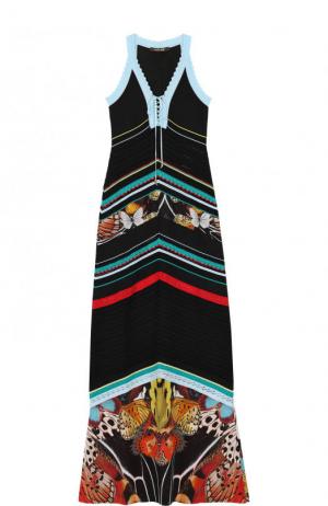 Вязаное платье-макси с шелковой вставкой Roberto Cavalli. Цвет: разноцветный