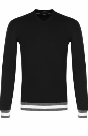 Шерстяной пуловер с контрастной отделкой BOSS. Цвет: черный