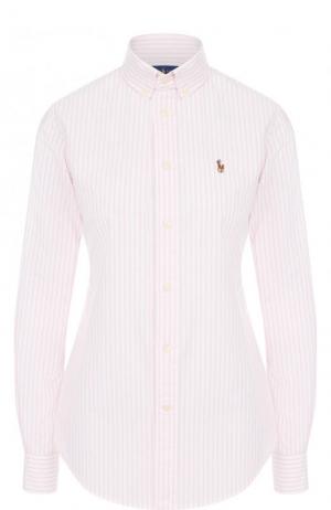 Приталенная хлопковая блуза в полоску Polo Ralph Lauren. Цвет: светло-розовый