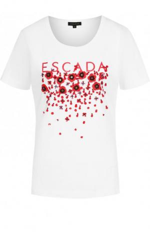 Хлопковая футболка с круглым вырезом и декоративной отделкой Escada. Цвет: белый