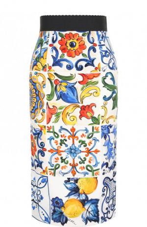 Шелковая юбка-карандаш с контрастным поясом и принтом Dolce & Gabbana. Цвет: разноцветный