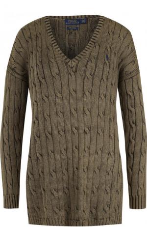 Хлопковый пуловер фактурной вязки с V-образным вырезом Polo Ralph Lauren. Цвет: зеленый