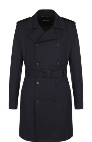 Двубортное шерстяное пальто с поясом Dolce & Gabbana. Цвет: темно-синий