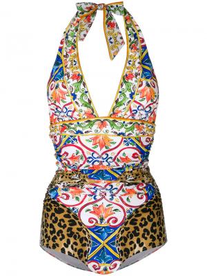 Купальник с леопардовым принтом Majolica Dolce & Gabbana. Цвет: синий