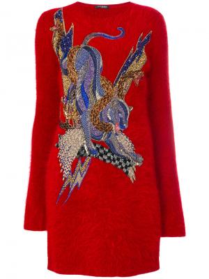 Платье-свитер с вышивкой Balmain. Цвет: красный