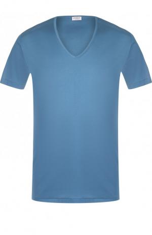 Хлопковая футболка с V-образным вырезом Zimmerli. Цвет: голубой