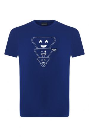 Хлопковая футболка с принтом Emporio Armani. Цвет: синий