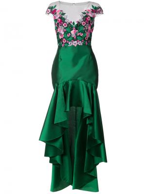 Асимметричное вечернее платье с цветочной вышивкой Marchesa Notte. Цвет: зелёный