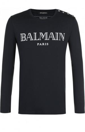 Хлопковый пуловер с логотипом бренда Balmain. Цвет: темно-синий