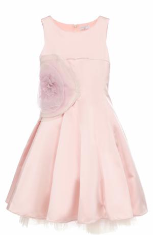 Приталенное платье-миди с пышной юбкой и аппликацией в виде розы Monnalisa. Цвет: розовый