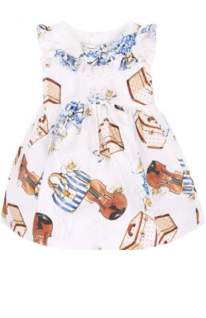 Хлопковое платье с оборками и принтом Monnalisa. Цвет: белый