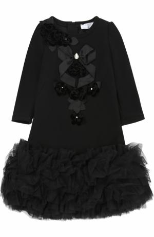 Приталенное мини-платье с объемным подолом и декором кристаллами Monnalisa. Цвет: черный
