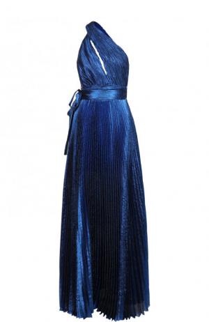 Шелковое плиссированное платье-макси с открытым плечом Elie Saab. Цвет: синий