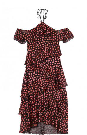 Приталенное платье-миди с оборками и открытыми плечами Alice + Olivia. Цвет: черный