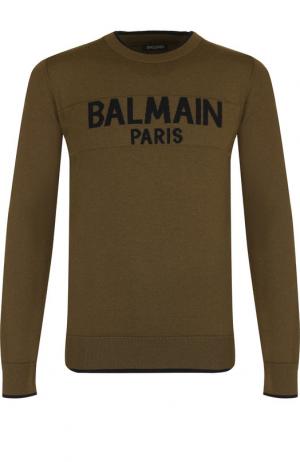 Шерстяной джемпер с логотипом бренда Balmain. Цвет: хаки