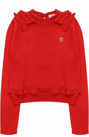 Пуловер джерси с оборками и логотипом бренда из страз I Pinco Pallino. Цвет: красный