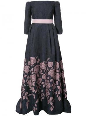 Вечернее платье с открытыми плечами и цветами Carolina Herrera. Цвет: синий