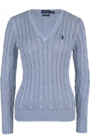 Пуловер фактурной вязки с логотипом бренда Polo Ralph Lauren. Цвет: голубой