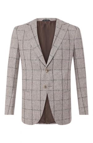 Шерстяной однобортный пиджак в клетку Giorgio Armani. Цвет: светло-серый